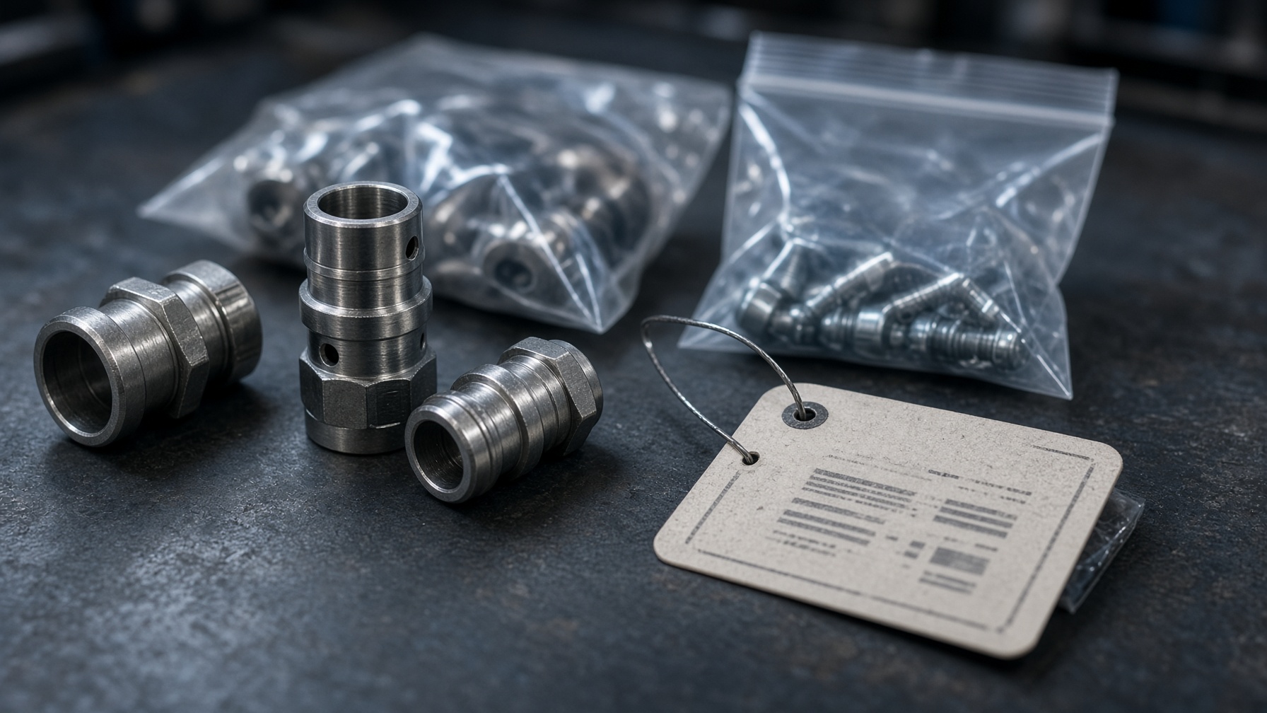 Domestic industrial fasteners and hardware on a steel bench