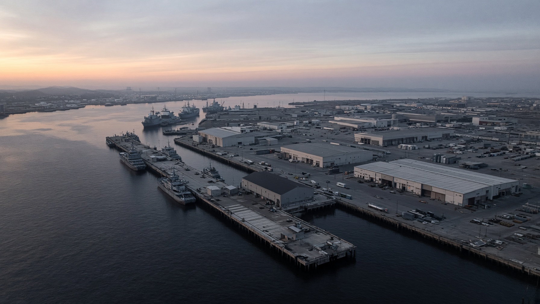 Mid-Atlantic naval supply waterfront at dawn