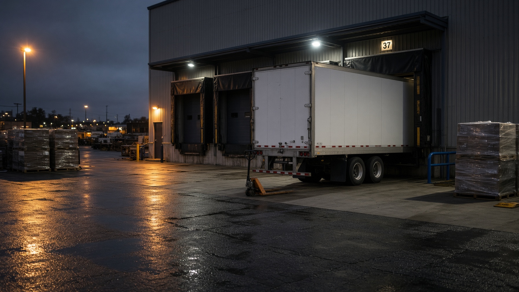 Outbound 3PL dock with a freight truck at dusk